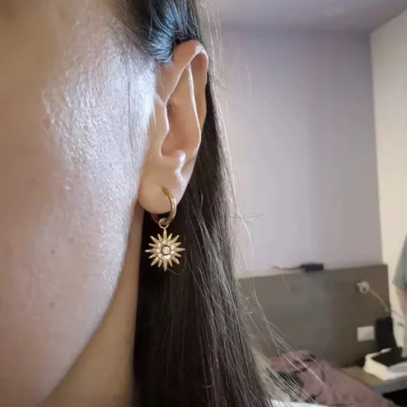 Sunburst Stainless Silver Waterproof Hoop Earrings - Picture 9 of 13